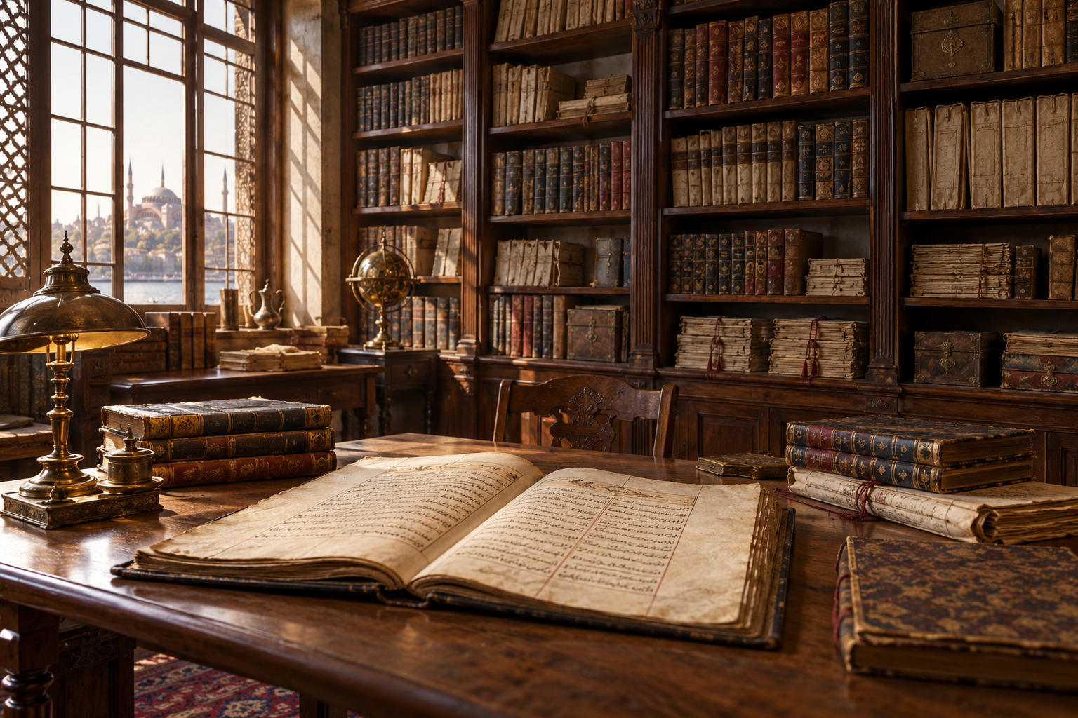 Illustrative archival reading room with Ottoman-style registers and manuscript shelves