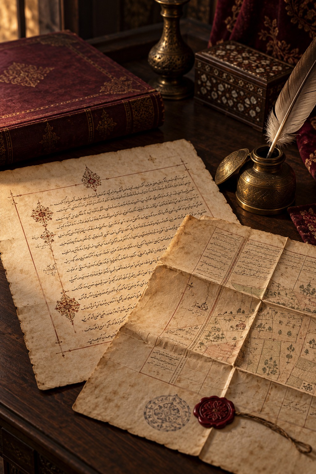 Illustrative Ottoman-style manuscripts, a feather quill, inkpot and wax seal on an antique desk